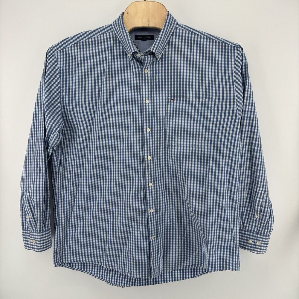 Tommy Hilfiger Mens XXL Blue White Gingham Check Button Down Shirt